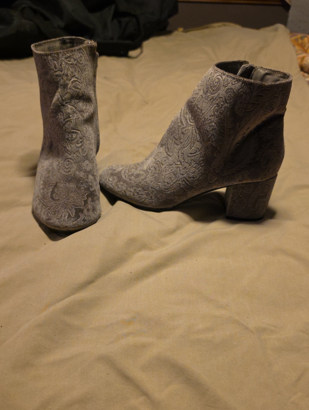 Grey, Velvety,Etched Ankle Boots